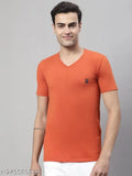 Orange cotton Vimal Jonney men's placement print v-neck t-shirts pack 2, ideal for casual wear with jeans or trousers, Indian origin