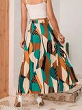 High waist print pleated maxi skirt, polyester, versatile midi skirt for various occasions
