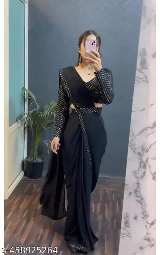 Georgette saree with embroidered blouse, free size, 5.4m long from India