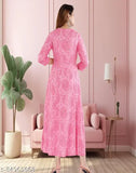 Pink Rayon A-Line Anarkali Kurti with Printed Design - Indian partywear dress with trendy flared style, three-quarter sleeves, and sequins work