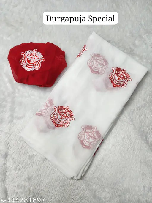 Georgette embroidered saree from latest traditional collection for Durga Puja, single free size (5.5m length)