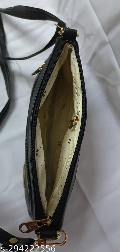 Black PU sling bag for girls, solid net pattern, free size (10in x 3in x 8in), India origin