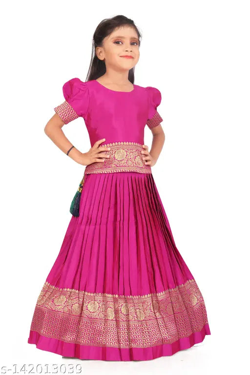 Blue Taffeta Silk Lehenga Choli for Girls, featuring Zari stitch and broad Annam border. Indian traditional Pattu Pavadai with Jacquard design and comfortable inner lining