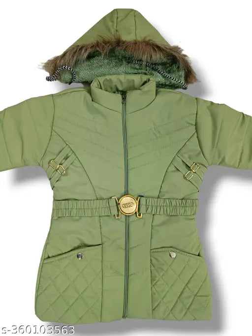 Light olive PU trendy jacket for girls, insulated and durable winter essential