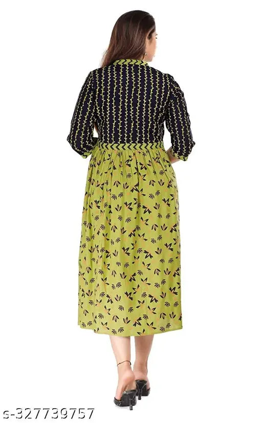 Trendy rayon Anarkali kurti, printed combo, three-quarter sleeves. Festive fancy wear for women