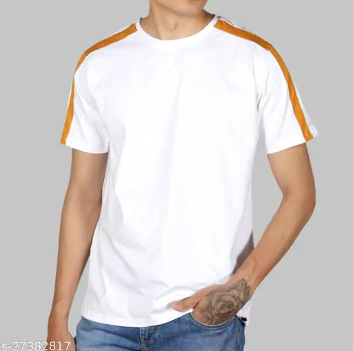 Classy cotton short sleeve men's t-shirt, slim fit with printed stripe detail, India origin