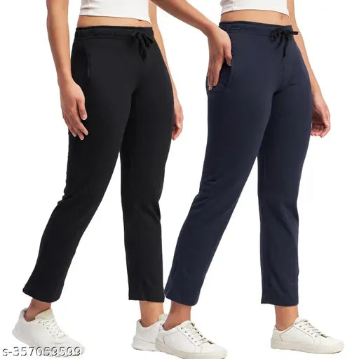 Cotton women's pyjama combo pack (2 sets), solid pattern with elastic & drawstring waist and 2 side pockets, premium quality cotton, relaxed fit