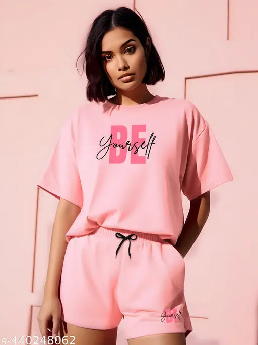 Peach cotton printed half-sleeve T-shirt and shorty nightsuit pair, 100% super combed cotton breathable fabric for women's and girls sleepwear, loungewear, active wear, or airport look