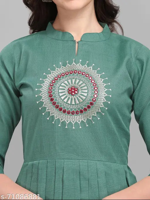 Cotton Kinjo Women's Anarkali embroidered kurti, single-colored three-quarter sleeve dress, India-origin fashion for women