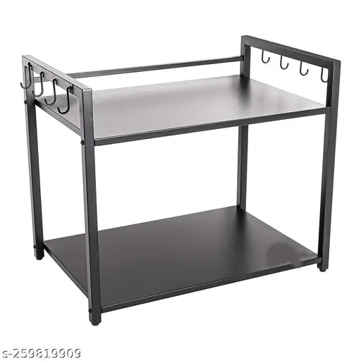 Iron two-tier microwave oven stand, 8 hook, space-saving kitchen organizer (30ltr/32ltr/50ltr), ideal for all ovens. Stylish and sturdy, made in India