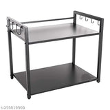 Iron two-tier microwave oven stand, 8 hook, space-saving kitchen organizer (30ltr/32ltr/50ltr), ideal for all ovens. Stylish and sturdy, made in India