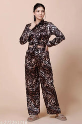 Glen Rose women's satin leopard cord set, 2-piece stylish dress with long sleeves and high waist, in sizes S to XXL