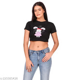 Cute doll print cotton crop top tshirt, short sleeves, fashion-forward design, perfect for everyday wear