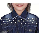 Dark denim self-design patti jacket for kids girls aged 4-5 years or 5-6 years, featuring long sleeves and a stylish design from India