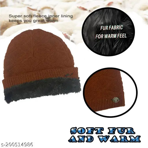 Woolen winter cap for men & women, self-design beanie in rust color, ideal for thermal wear and warm weather