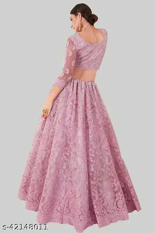 Indian Chikankari net lehenga set with embroidery, semi-stitched (waist 42in, length 46in)