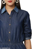 Denim jumpsuit, navy blue solid pattern, three-quarter sleeves for women, Indian-made classy and ravishing design