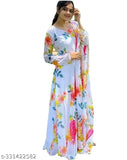 Georgette flower print anarkali long sleeve gown with dupatta set, white & white on model