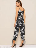 Trendy strapped crepe jumpsuit, printed net for women, sleeveless and available in sizes S-XL. Made in India
