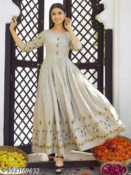 Grey Rayon Ankle Length Kurta, HF branded, three-quarter sleeves, printed combo