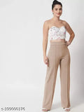Cotton blend solid striped bellbottoms, 4-piece high-rise bootcut ladies pants for women
