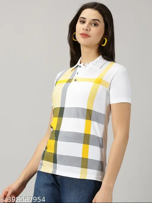 Multicolor cotton blend checkered polo t-shirt for women, perfect for summer wear and casual occasions