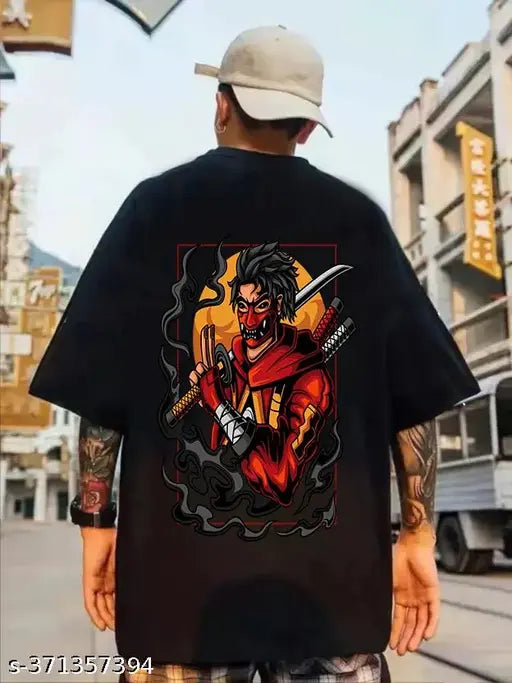 Oversized cotton blend round neck graphic print t-shirt for men, double side design, three-quarter sleeves