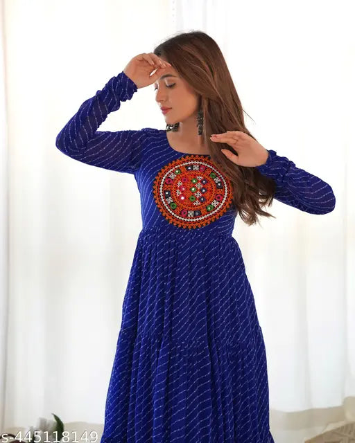 Pure soft fox Georgette Laheriya print anarkali gown, heavy with fancy gamthi work patch, padded, side zipper, four-layer gathering. XS (32-34-34), ready-to-wear Indian traditional wedding wear