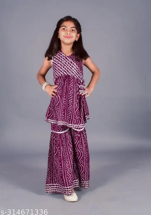 Rayon printed kurta and sharara set, A-line top with V-neck, sleeveless, lace work and bandhani print - perfect for girls' parties and events in various sizes from 1-2 years to 9-10 years, Indian origin