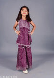 Rayon printed kurta and sharara set, A-line top with V-neck, sleeveless, lace work and bandhani print - perfect for girls' parties and events in various sizes from 1-2 years to 9-10 years, Indian origin
