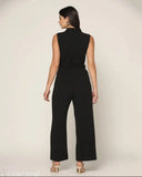 Raven black stretchable premium jumpsuit, full length with deep Y-shape collar, durable, belt & buckle included, comfortable fit, zipper closure