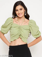 WineRed Women's Light Green Ruched Crop Top - Indian-made high-fashion solid crepe top with short sleeves, available in XS, S, M, L, and XL