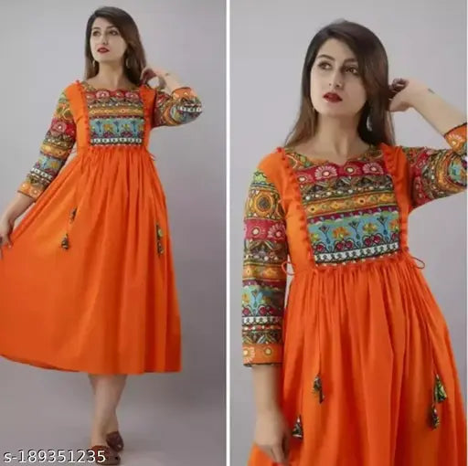 Trendy rayon A line printed Anarkali kurti with three-quarter sleeves, solid color for women's party or wedding wear. Indian design, available in XS to XXXL sizes