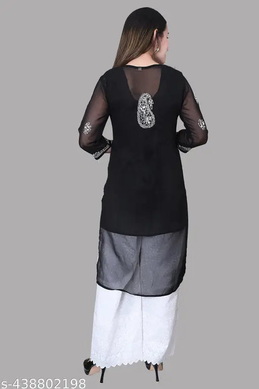 Embroidered Georgette Lakhnavi chikankari kurti set with plazo, free inner for women & girls, three-quarter sleeves