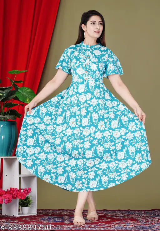 Rayon printed Anarkali kurtis for women, Indian Sanganeri style, short sleeves, S/M sizes