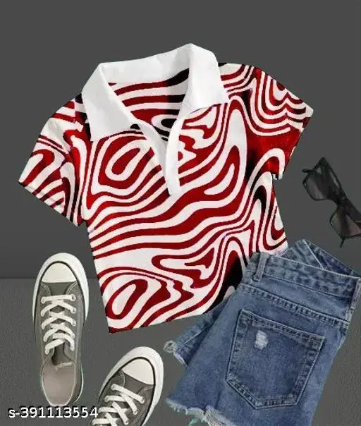 Printed Lycra collar half-sleeve top with net pattern, vibrant colors on fashionable casual wear from India