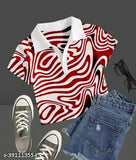 Printed Lycra collar half-sleeve top with net pattern, vibrant colors on fashionable casual wear from India