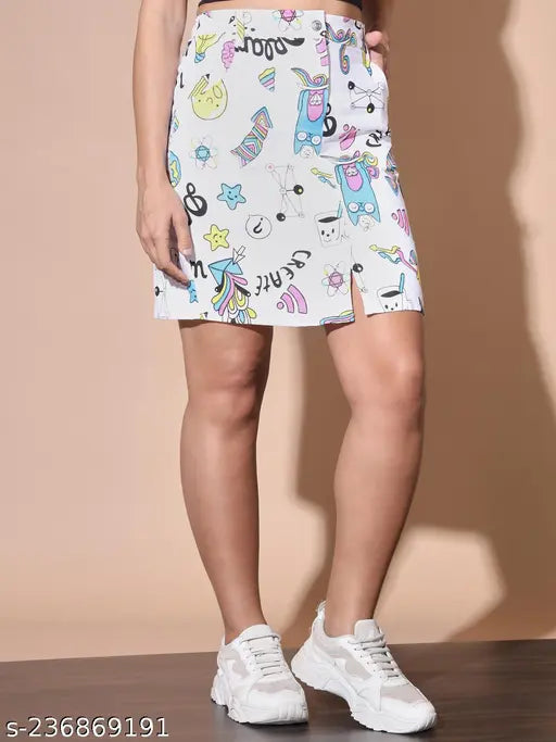 White cotton blend printed net toko twill mini skirt by Dimpy Garments, elastic closure, slim fit