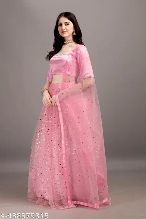 Silk and net semi-stitched Indian lehenga choli with embellished dupatta, originates from India