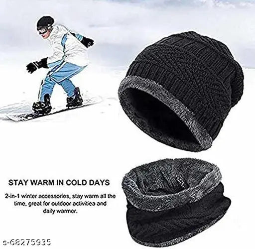 Green woolen winter cap with neck warmer (black), free size - textured beanie for men's daily activities like outdoor sports or travel, made in India