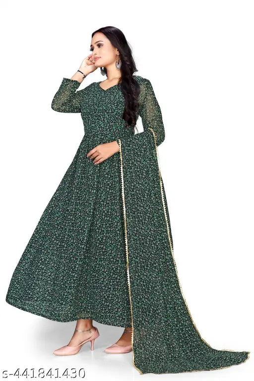 Georgette printed net long-sleeve women's gown (S-XXL), Indian fashion design