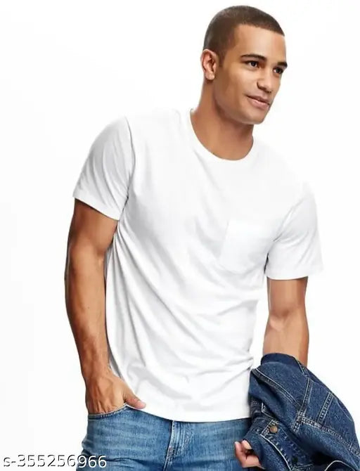 Mens white polyester short-sleeve t-shirt, classic plain style with solid design, available in S, M, L, XL, XXL sizes for chest measurements of 36in, 38in, 40in, 42in, 44in respectively. Made in India
