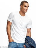 Mens white polyester short-sleeve t-shirt, classic plain style with solid design, available in S, M, L, XL, XXL sizes for chest measurements of 36in, 38in, 40in, 42in, 44in respectively. Made in India
