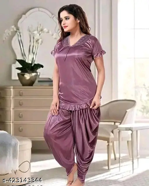 Stylish wine-colored satin nighty set (top & dhoti), women's solids for wedding/honeymoon, decorative Indian nightwear