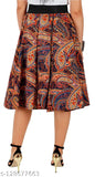 Black polka & brown paisley mid calf length women's panel gathered skirt combo on model, polyester print pattern