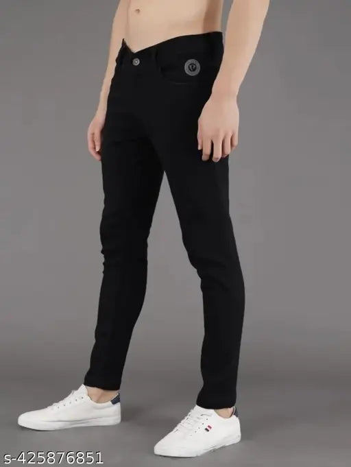 Denim solid-color men's teddy jeans, size 34, on model