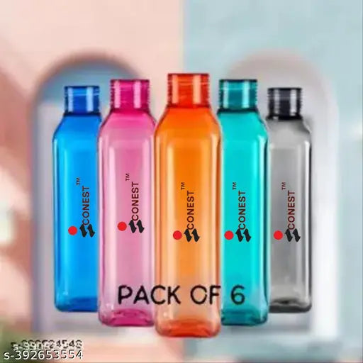 Blue, food-grade plastic fridge water bottle set (6 x 1L), leakproof and break-proof for home, office, gym, school, or picnic use