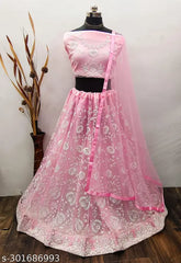 Embroidered net lehenga set for women, semi-stitched (44waist, 43length), Indian origin