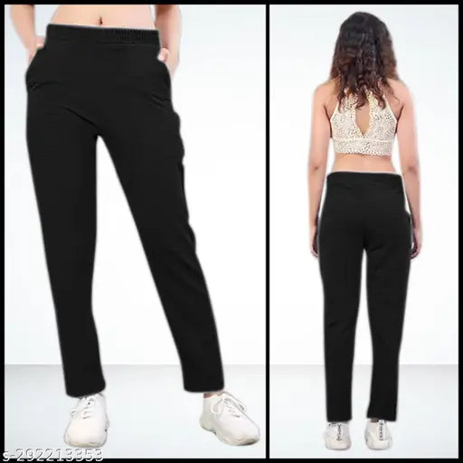 Black lycra women's regular-fit trousers, ideal for casual wear
