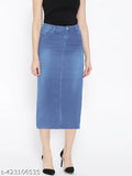 Cotton blend, long denim stretchable washed skirt for women, dyed/washed pattern, available in sizes 28, 30, 32, 34 (waist 28-34, length 30, hip 34-40), Indian origin
